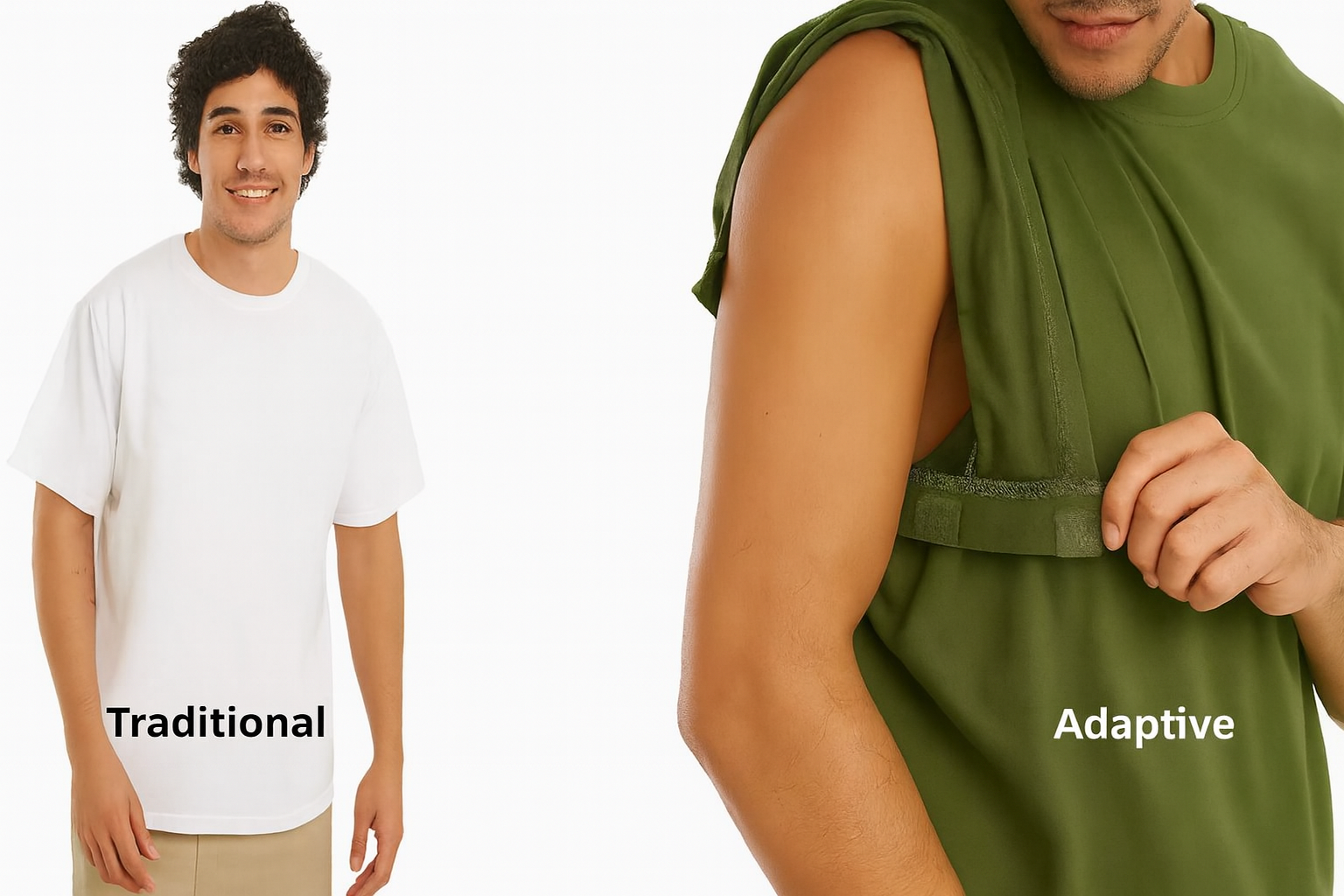 Man in white T-shirt and man in green adaptive shirt. Latter is adjusting a strap. White background.