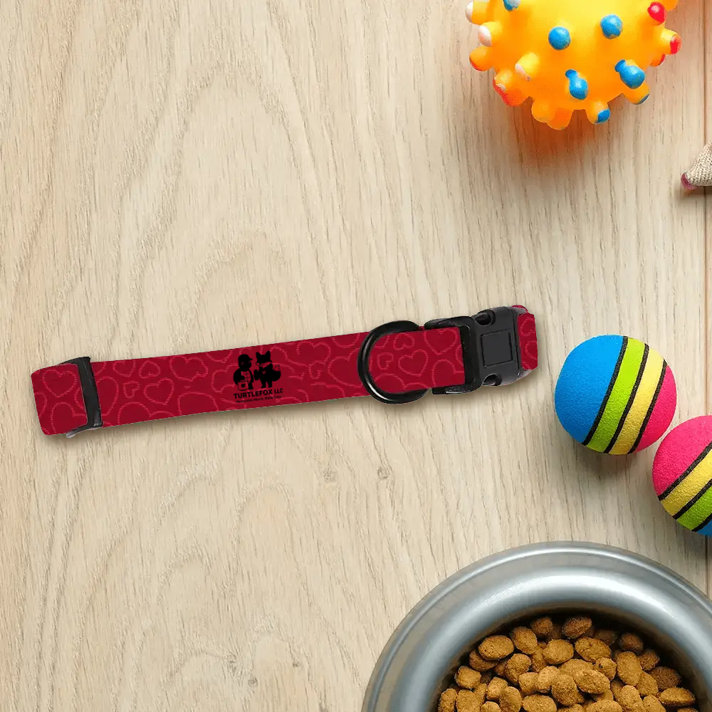Dog collar with hearts, near dog food bowl and toys.