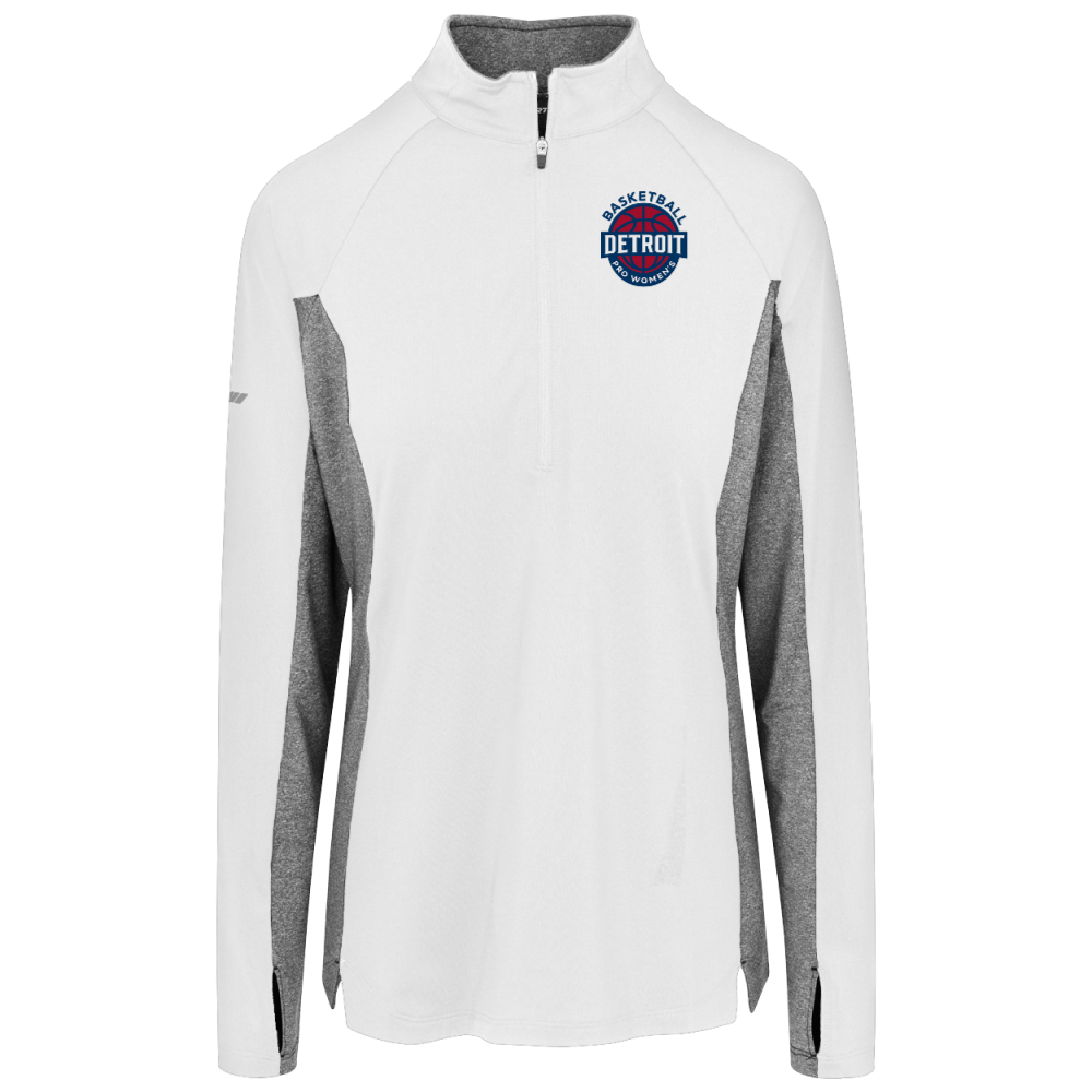 White and gray Detroit Basketball quarter-zip athletic shirt.
