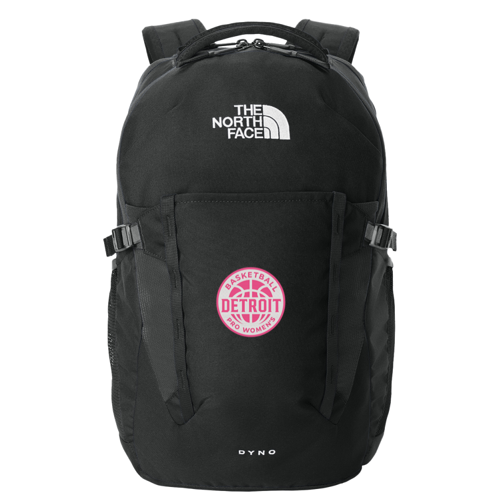 Black North Face backpack with Detroit Basketball logo.