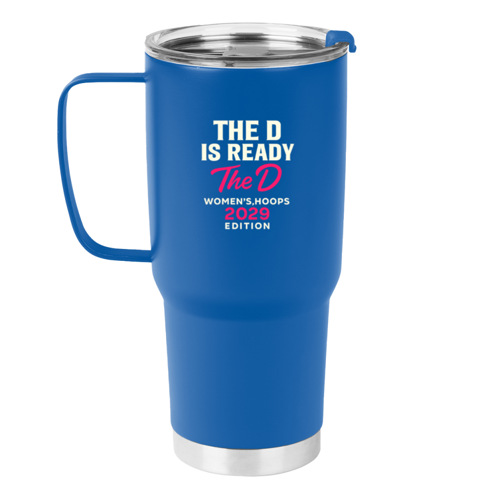 Blue insulated tumbler with handle; text reads,