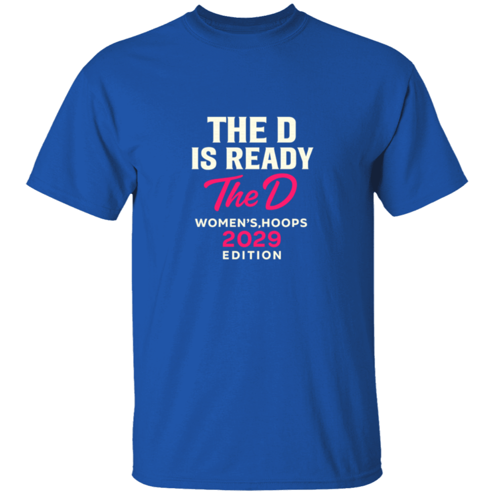 Blue t-shirt with white and pink text: