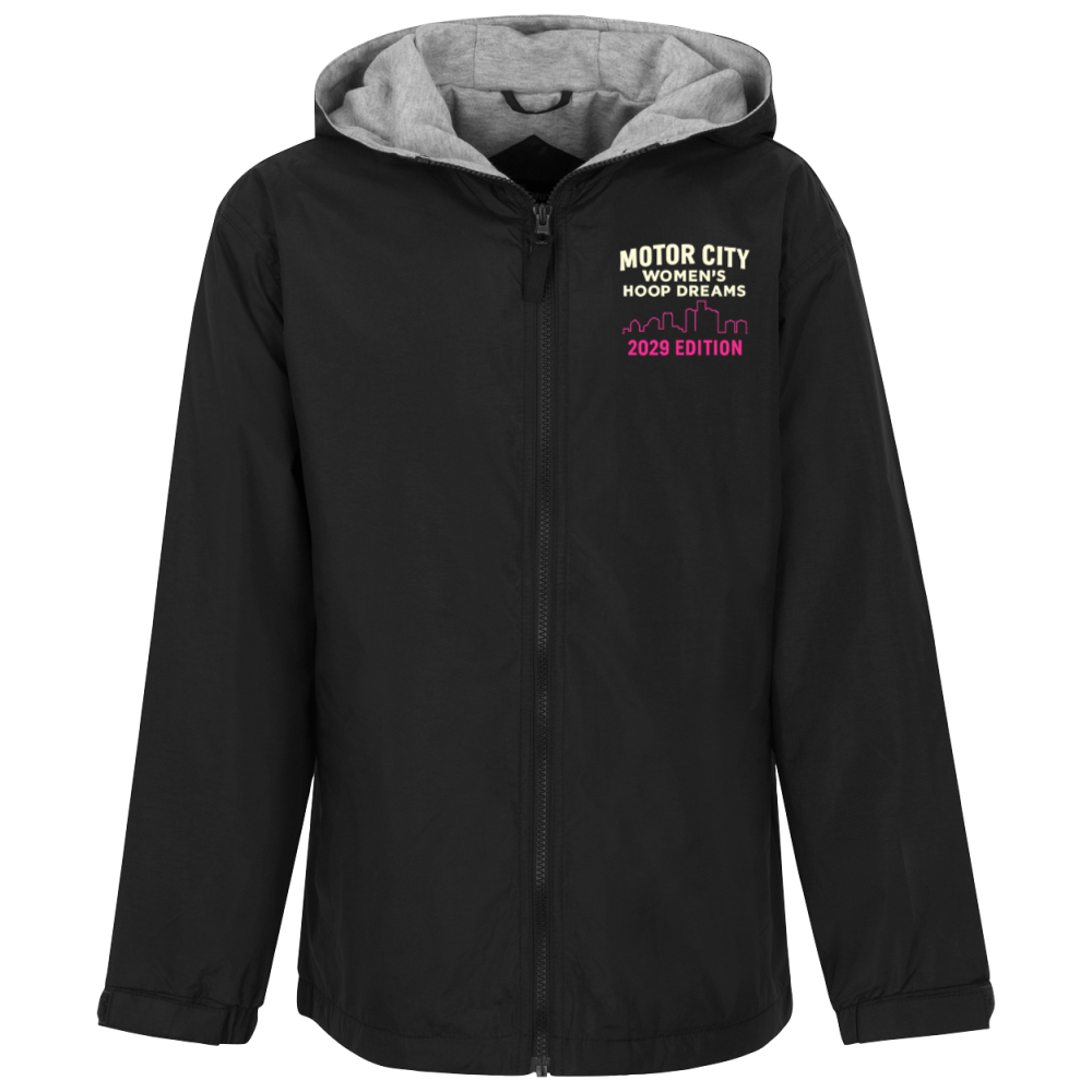 Black zip-up hooded jacket with a grey hood lining and a Detroit skyline design on the left chest.