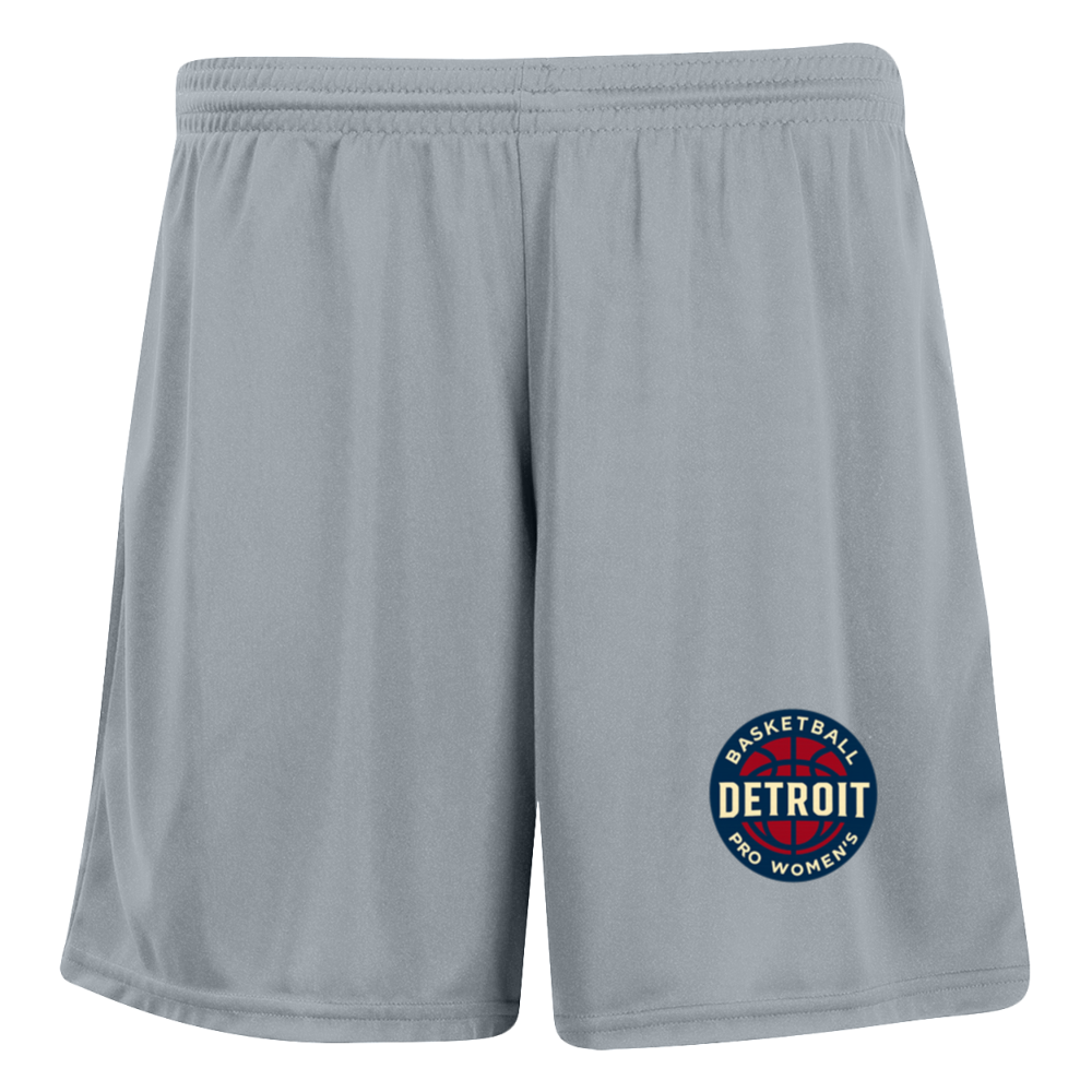 Gray basketball shorts with a Detroit logo.