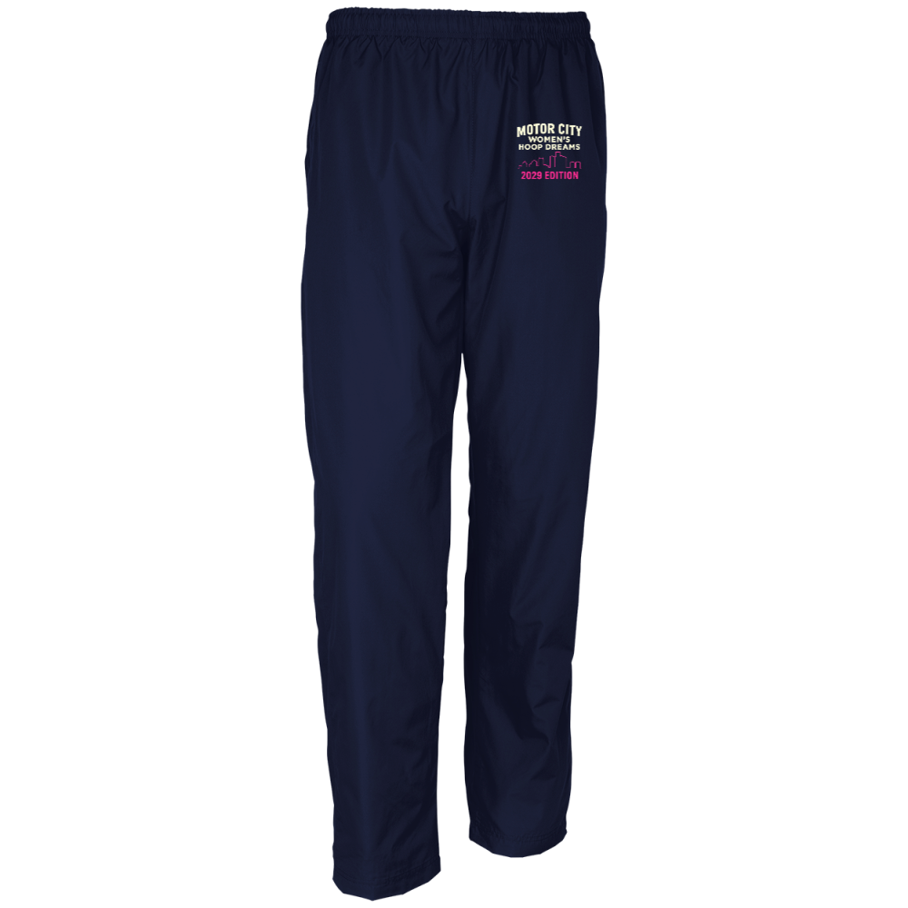 Navy blue athletic pants with pink and white text on the left leg.