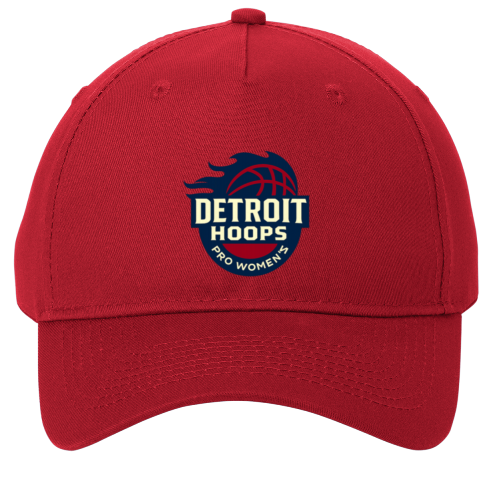Red baseball cap with a Detroit Hoops logo.