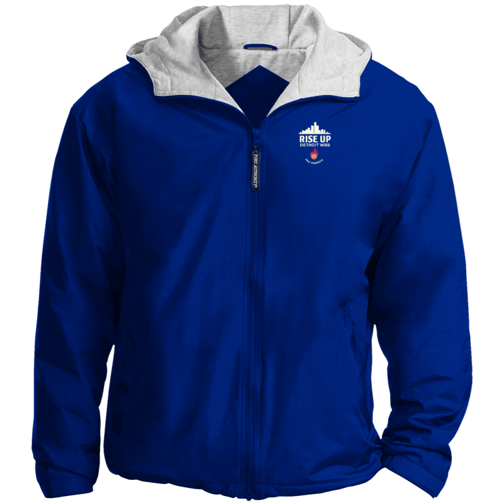 Blue hooded jacket with a white logo and zipper.