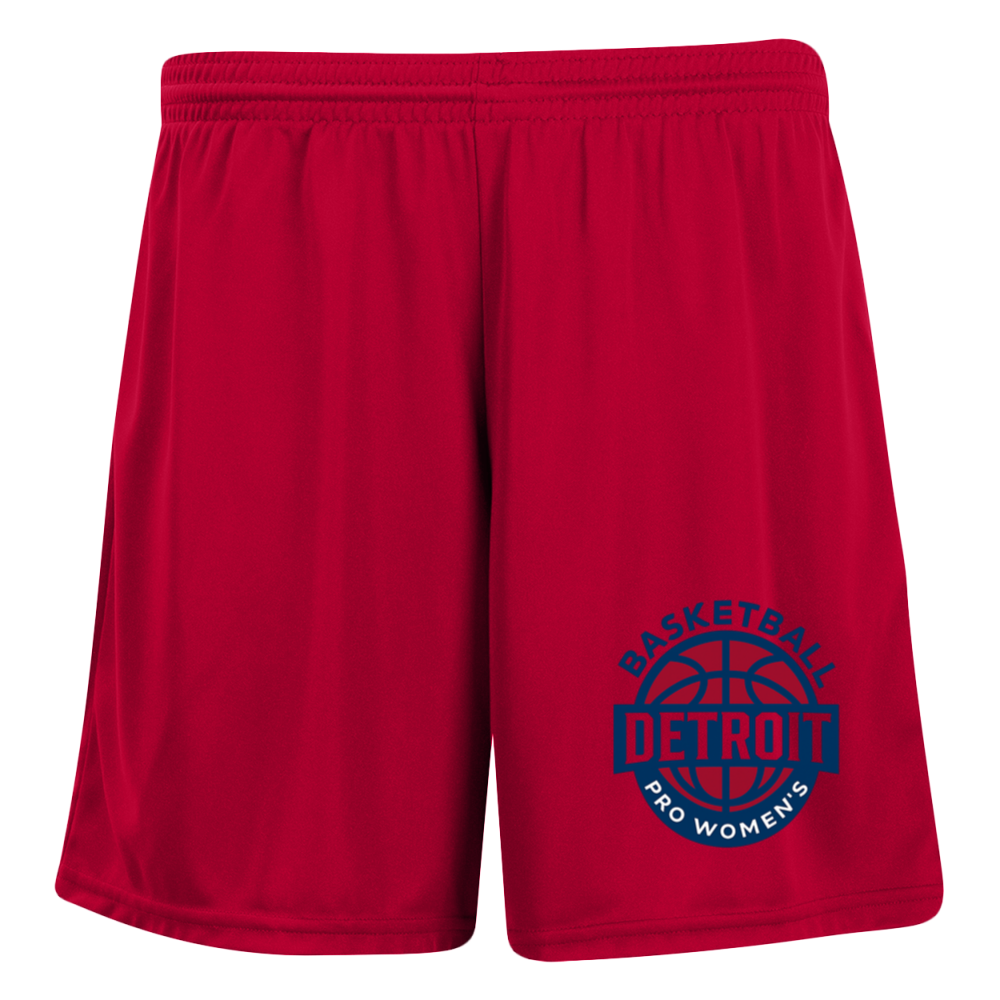 Red basketball shorts with a Detroit Pro Women's logo.