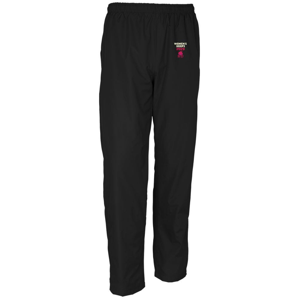 Black athletic pants with elastic waistband, small logo on upper left leg.