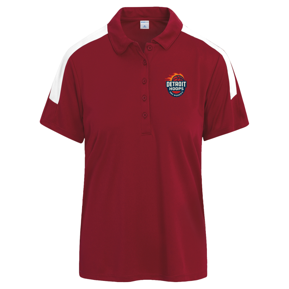 Red polo shirt with white shoulder panels, logo on chest.
