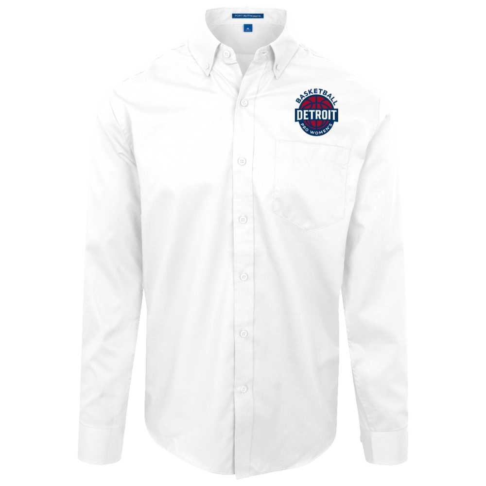White button-down shirt with a Detroit Basketball logo on the chest.