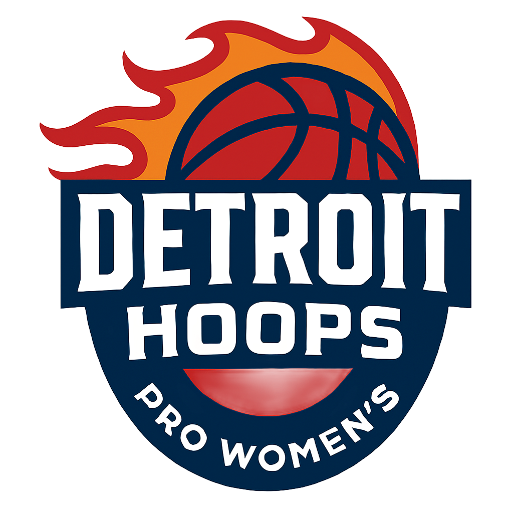 Detroit Hoops logo: Basketball with flames, navy background, white text
