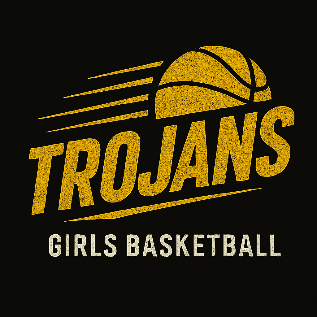 Gold Trojans basketball logo with basketball and motion lines on a black background.