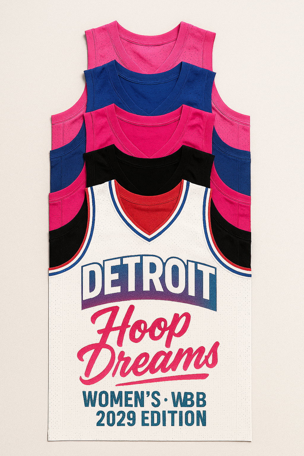 Detroit Hoop Dreams women's basketball jersey; white, pink, blue, and black tops stacked.