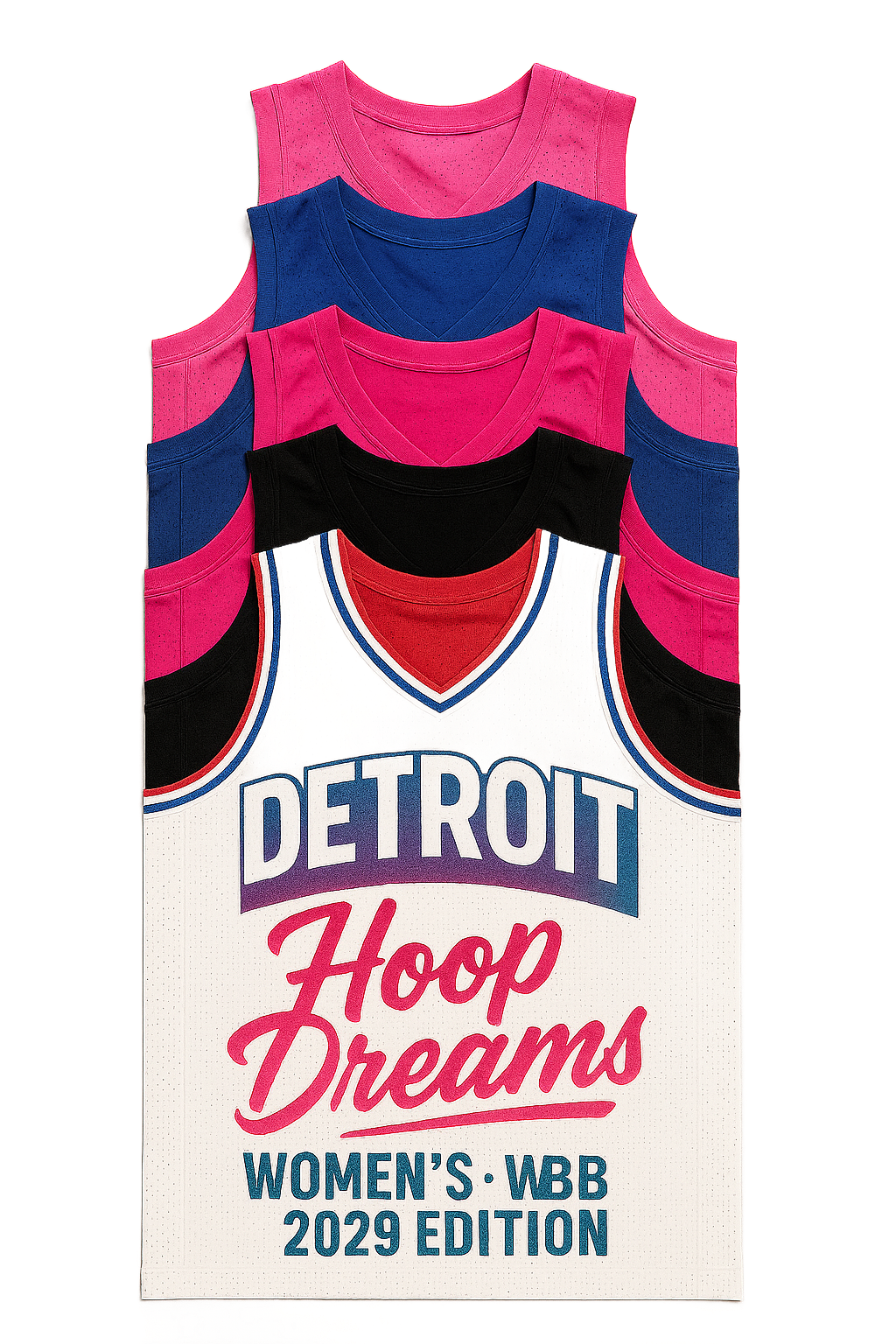 Detroit Hoop Dreams women's basketball jersey; white, pink, blue, and black tops stacked.