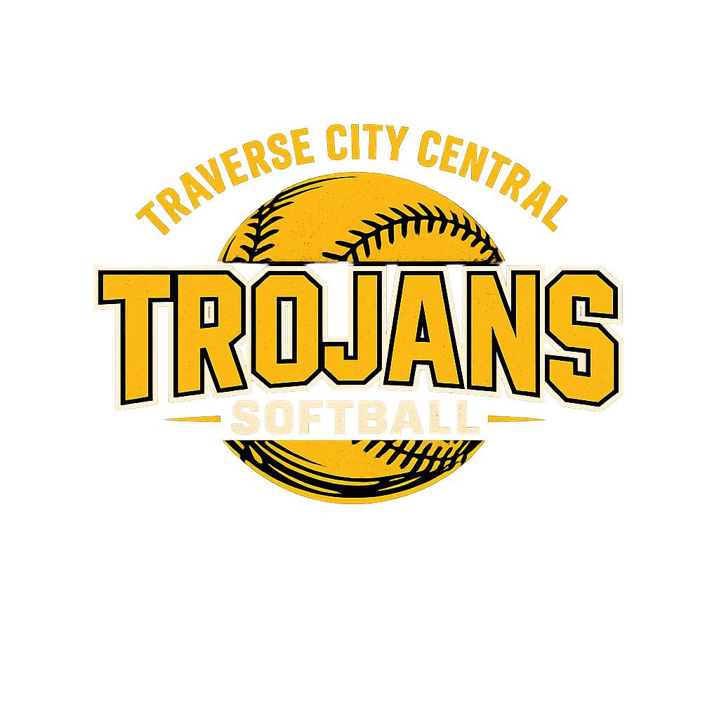 Traverse City Central Trojans Girls Basketball logo on black background with gold text and a basketball.