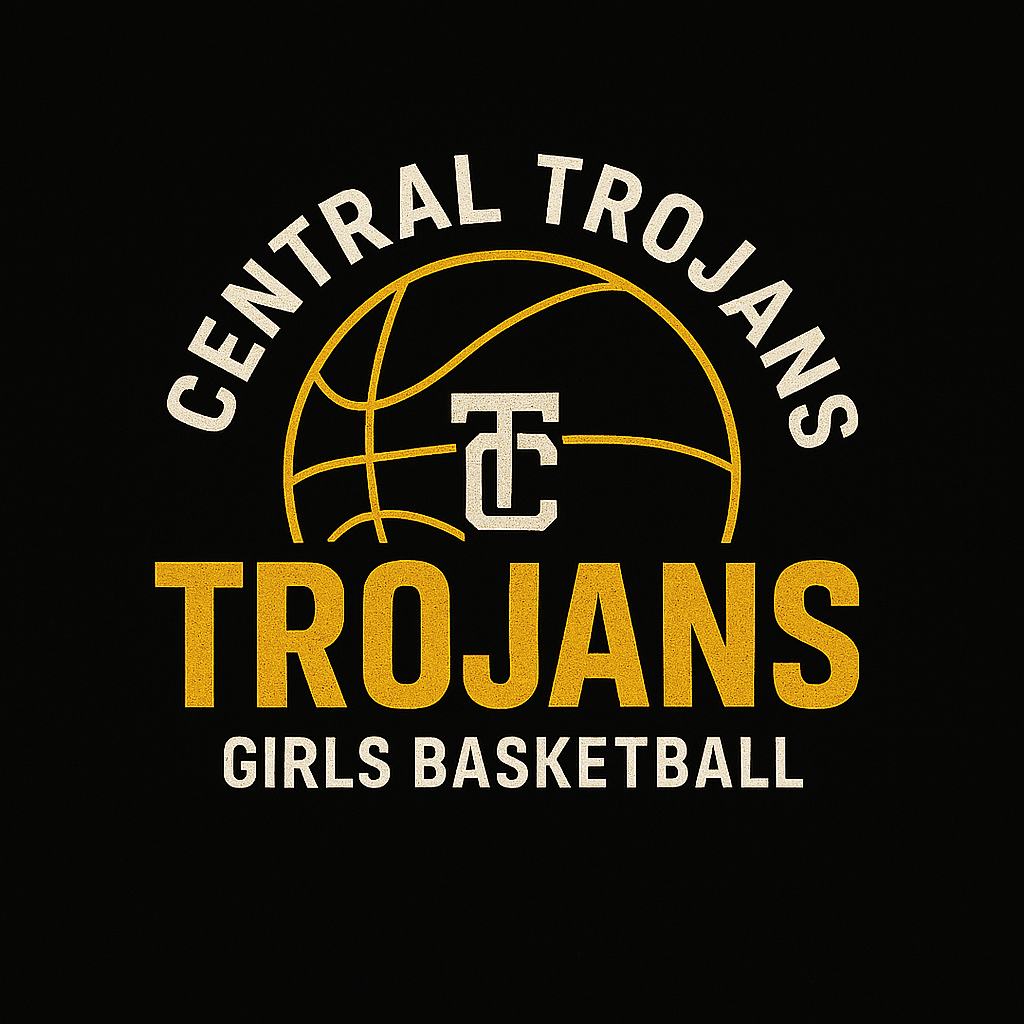 Central Trojans Girls Basketball logo on black background; basketball, team name, and TC initial.