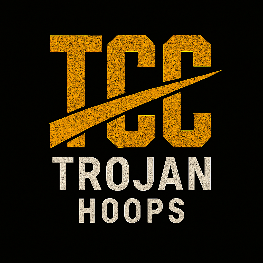Logo for TCC Trojan Hoops: yellow text 