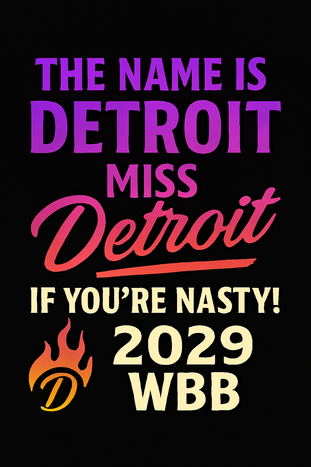 Promotional graphic: Detroit Miss Detroit text in purple, red, and orange against a black background. Includes