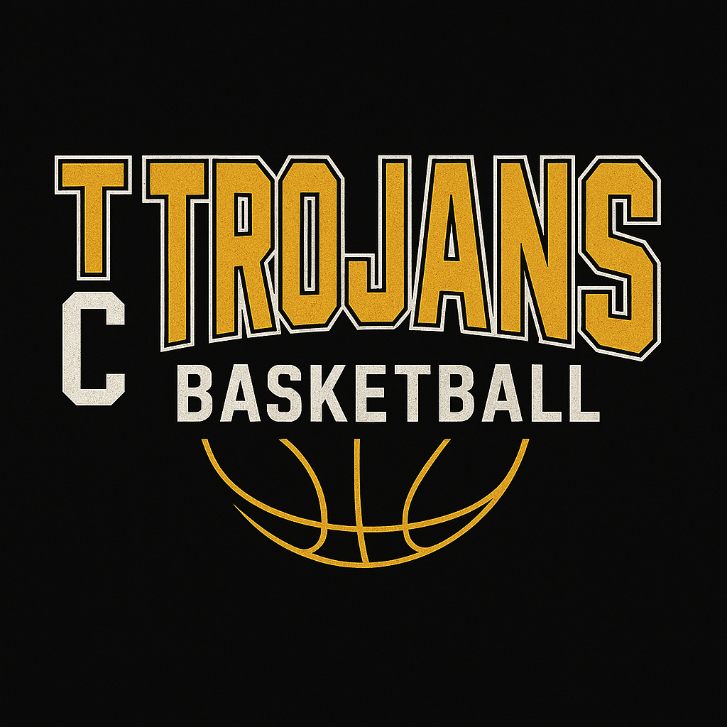 TC Trojans Basketball logo with gold and white text on a black background; a basketball graphic is below.