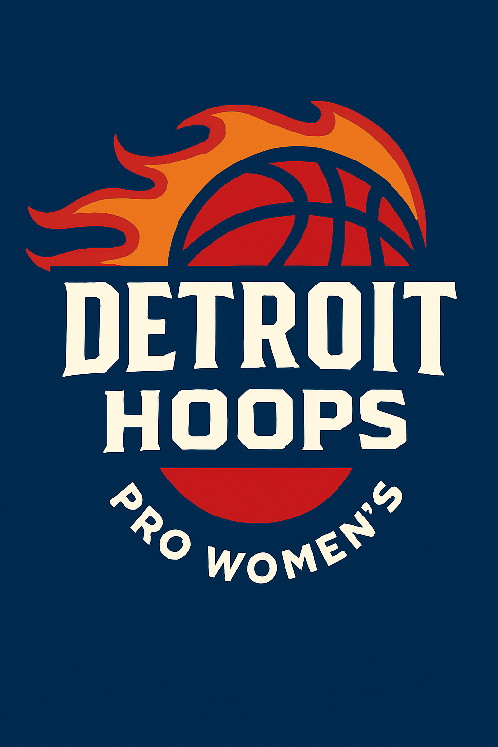 Detroit Hoops Pro Women's logo: red basketball with flames on blue background. White text.