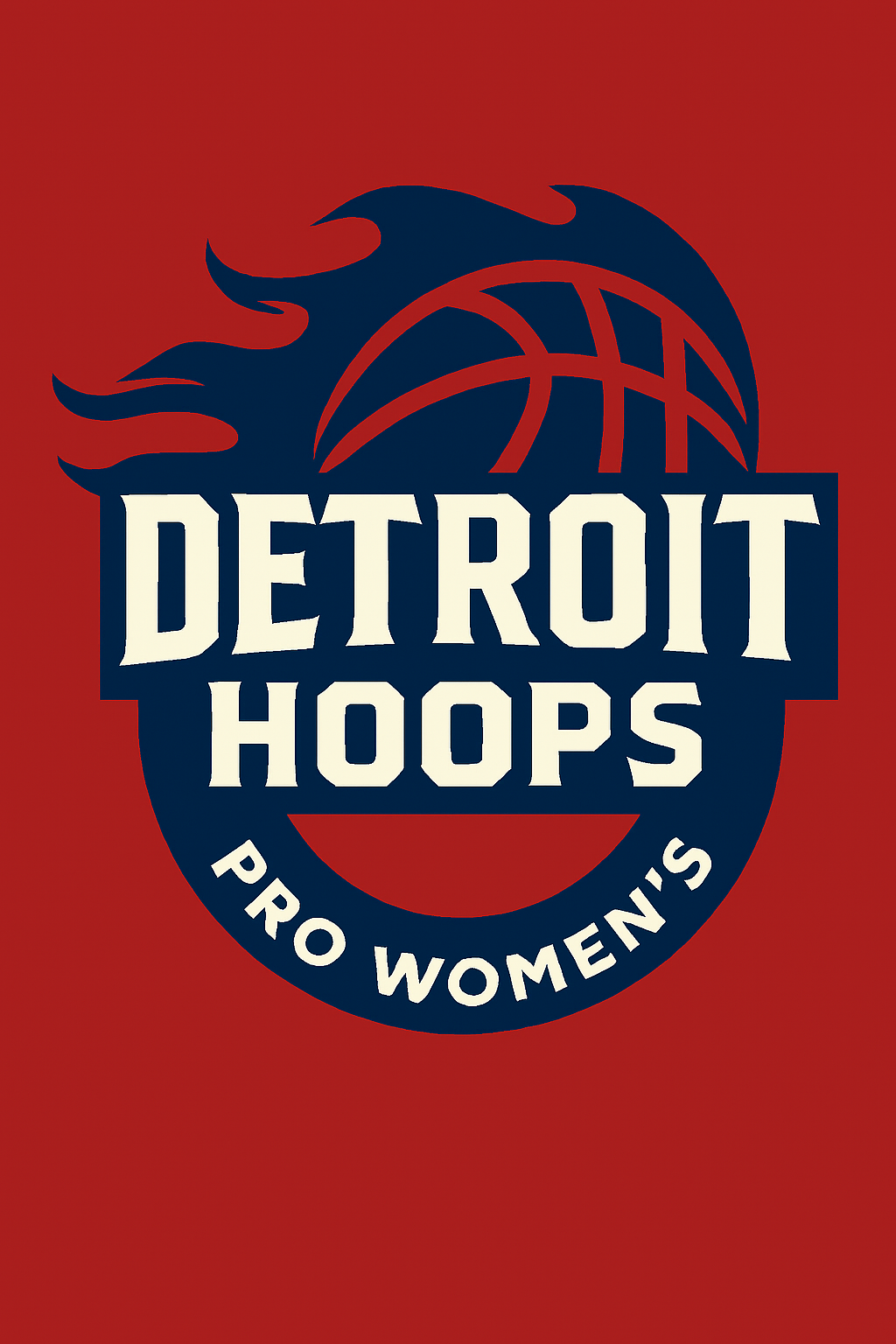 Detroit Hoops Pro Women's logo: Blue basketball with flames, text on a red background.