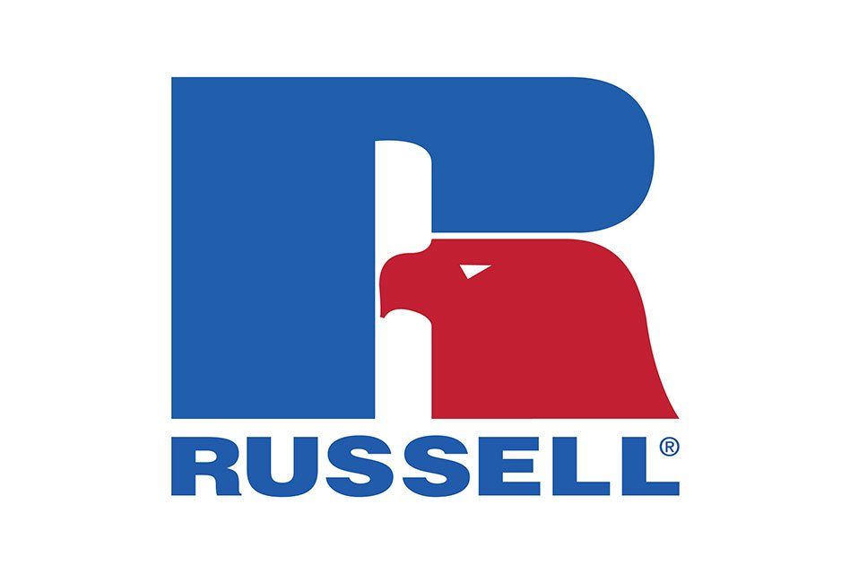 Blue and red Russell logo with a stylized eagle head within the letter R, and 