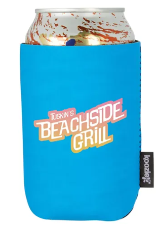 A blue can cooler with