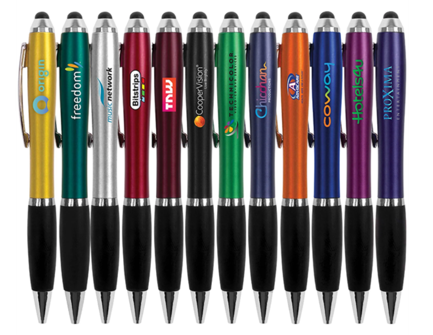 Twelve colorful pens with logos, each with a black grip and stylus tip.