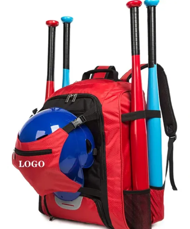 Red baseball backpack holding bats and a blue helmet.