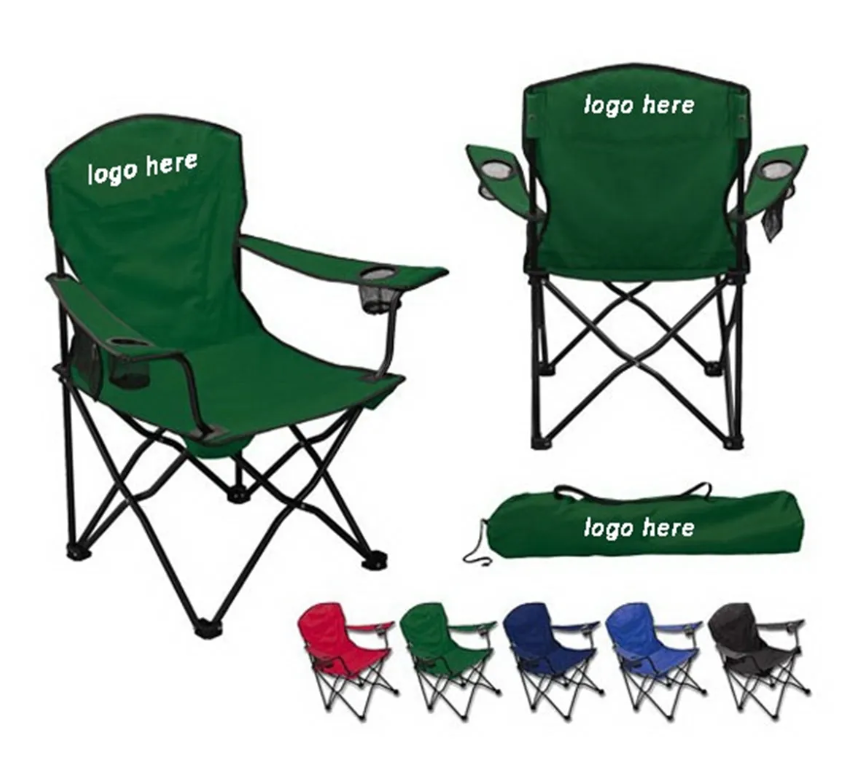 Green folding camping chair with armrests and cup holders, in multiple colors, and carrying bag.