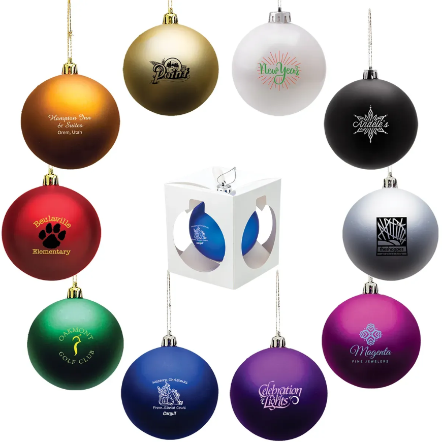 Various colored Christmas ornaments, each with a logo or text, arranged in a circle.