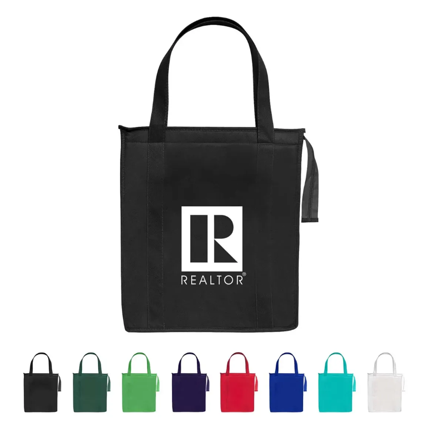 Black tote bag with a Realtor logo, several color options below.