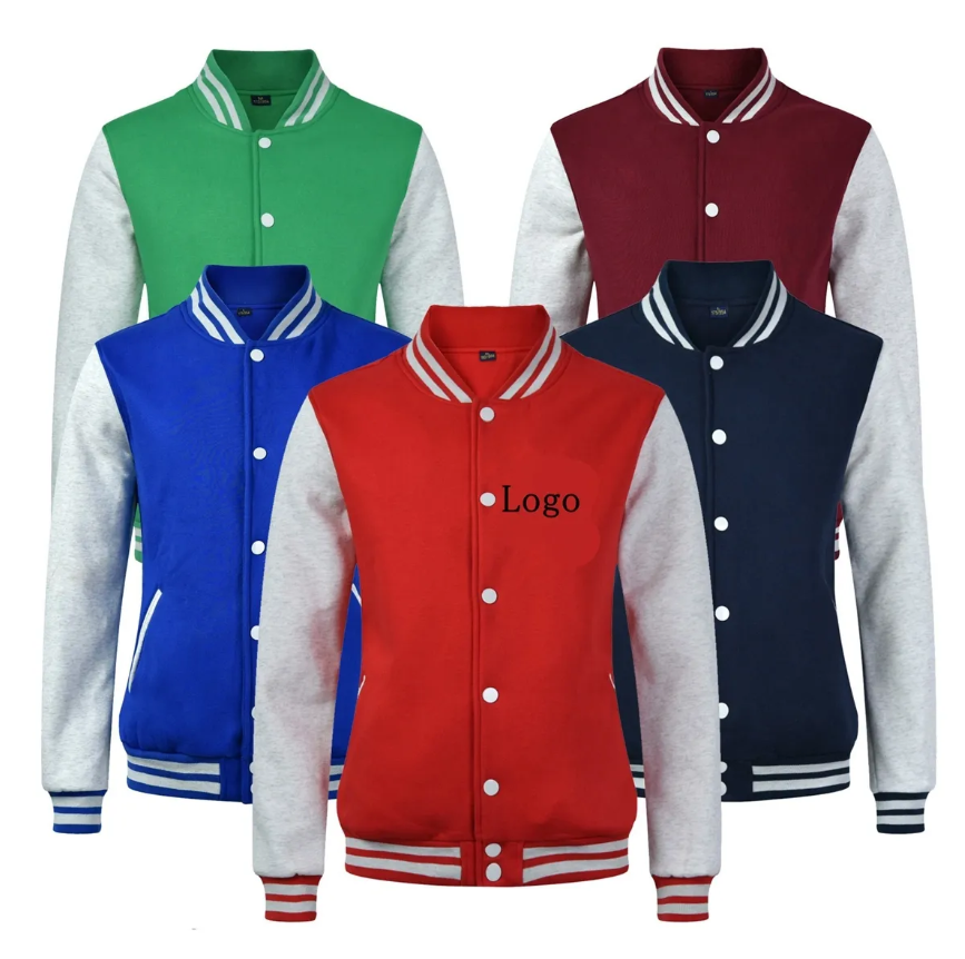 Five colorful varsity jackets with white sleeves: green, blue, red, navy, and maroon, all buttoned up.