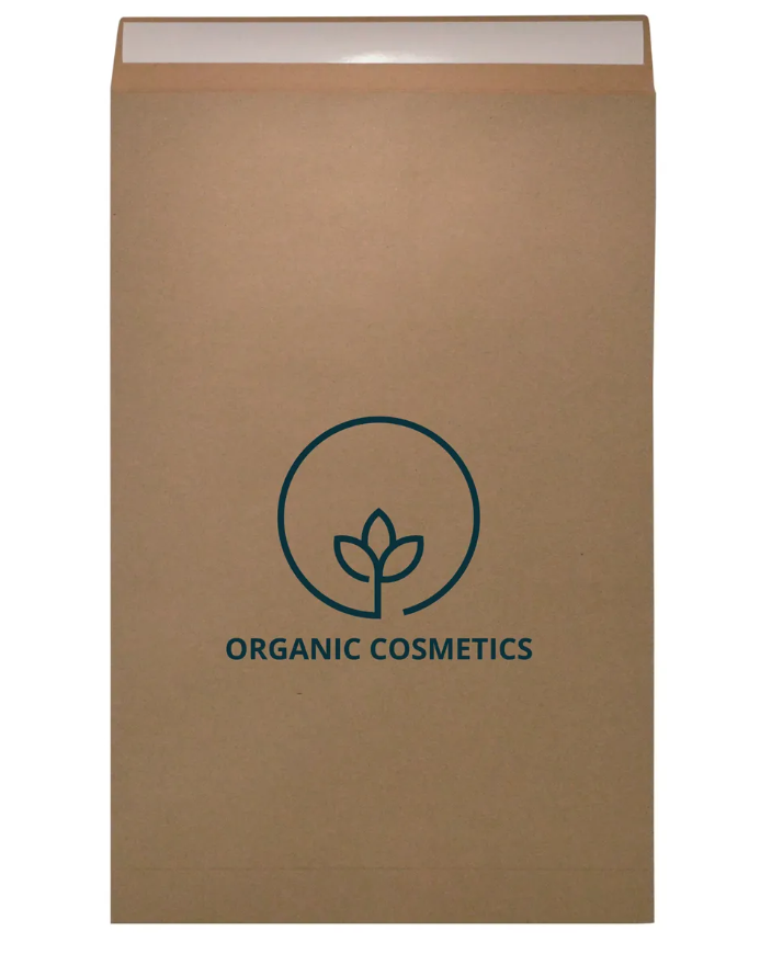 Brown envelope with an organic cosmetics logo.