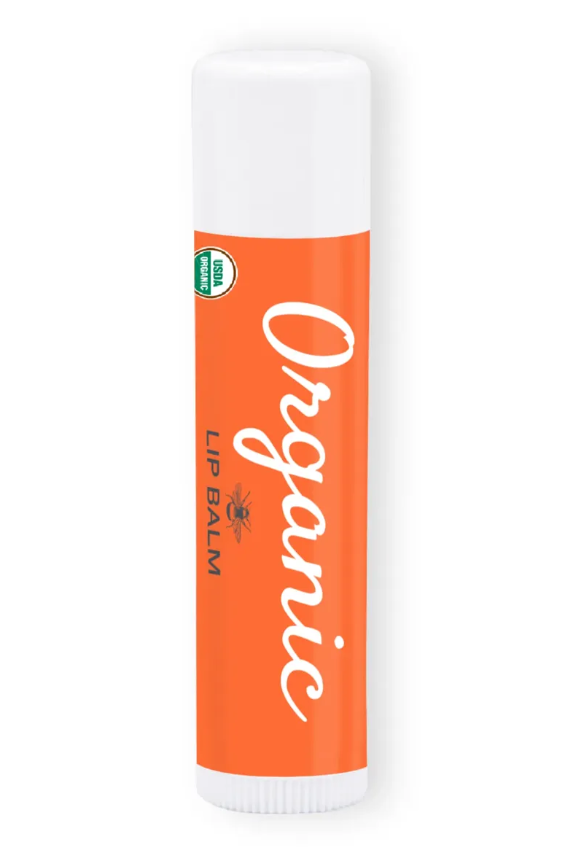 Orange lip balm tube with white cap. 