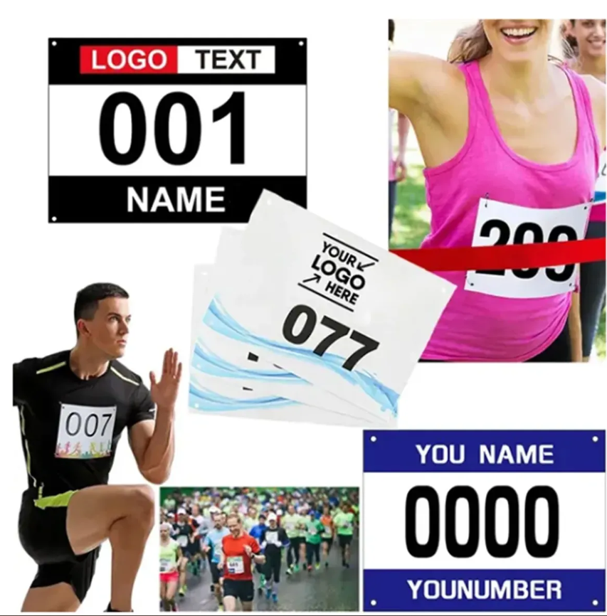 Runners with bibs, race number examples; including logo, text, and various styles.