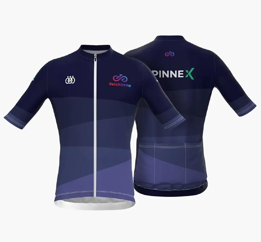 Cycling jersey, navy blue with gradient design, sponsors, and logos on front and back.