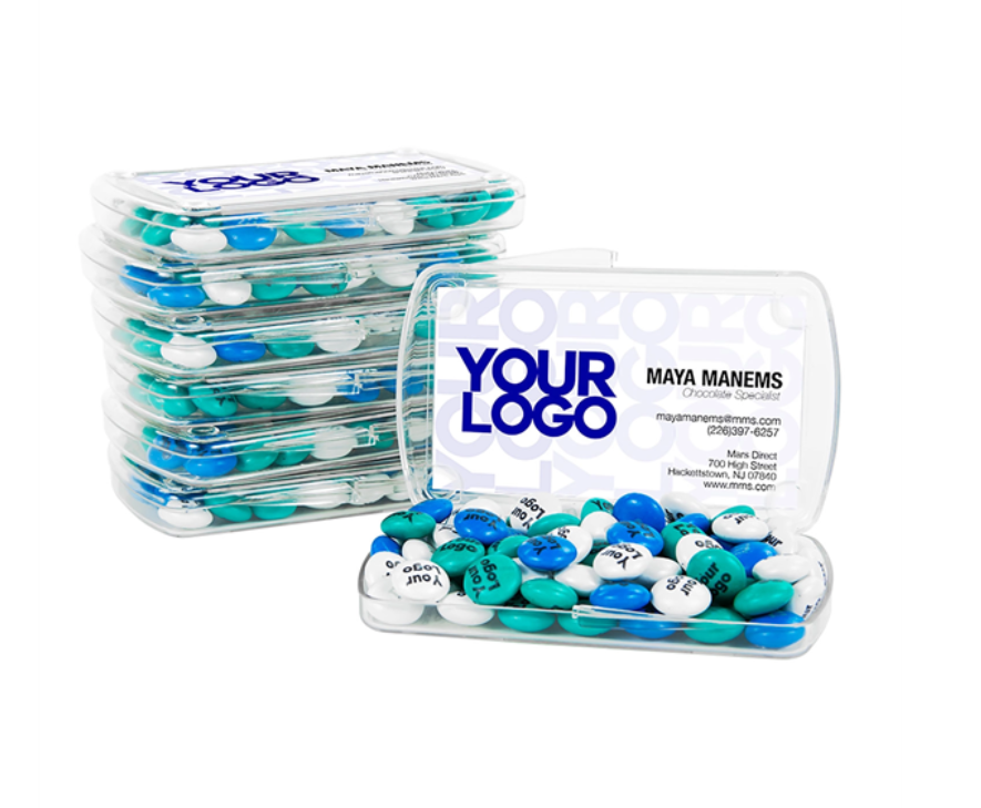 Stack of mint boxes with custom branding. White, teal, and blue candies.