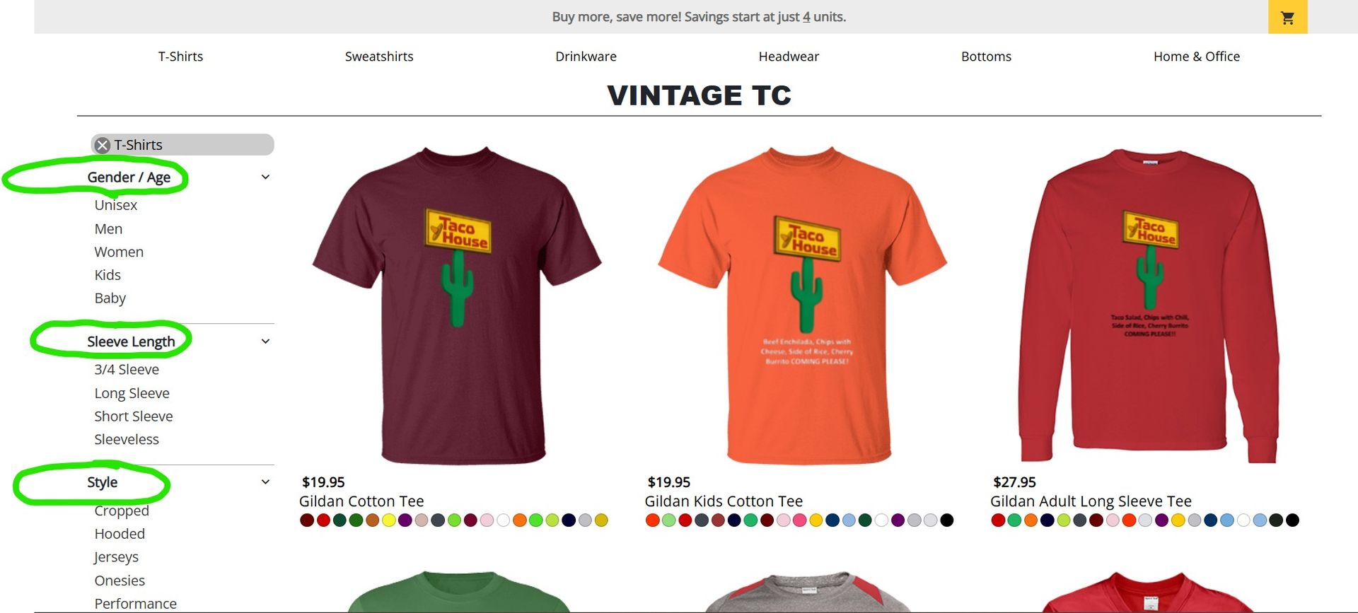 Website with t-shirt options, showcasing various colors and styles, with filter options.