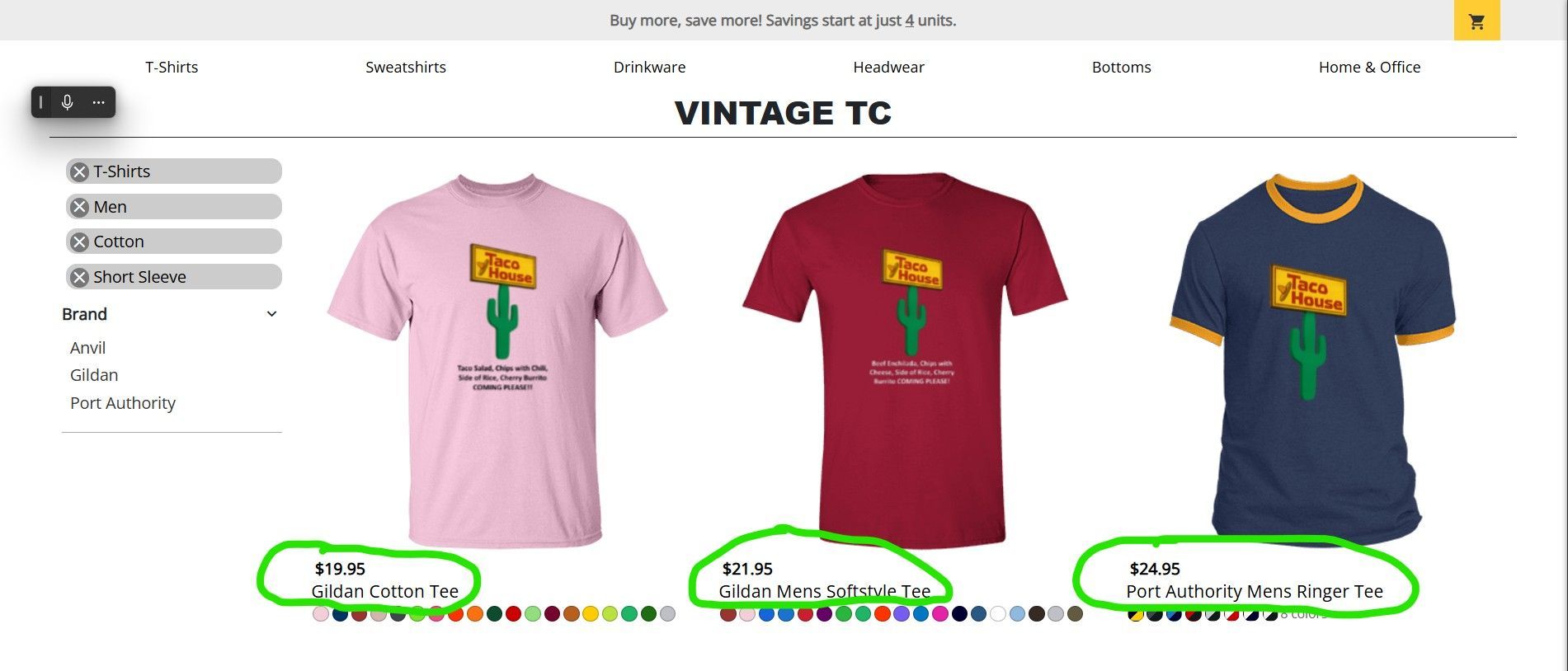 Three t-shirts: pink, red, and blue with a green and yellow design, each with multiple color options.