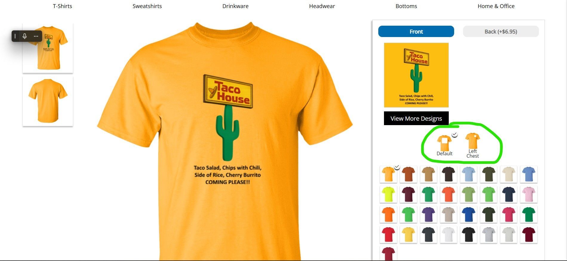 Yellow t-shirt design with a Taco House logo. The design includes a cactus and text. Color selection options are below.