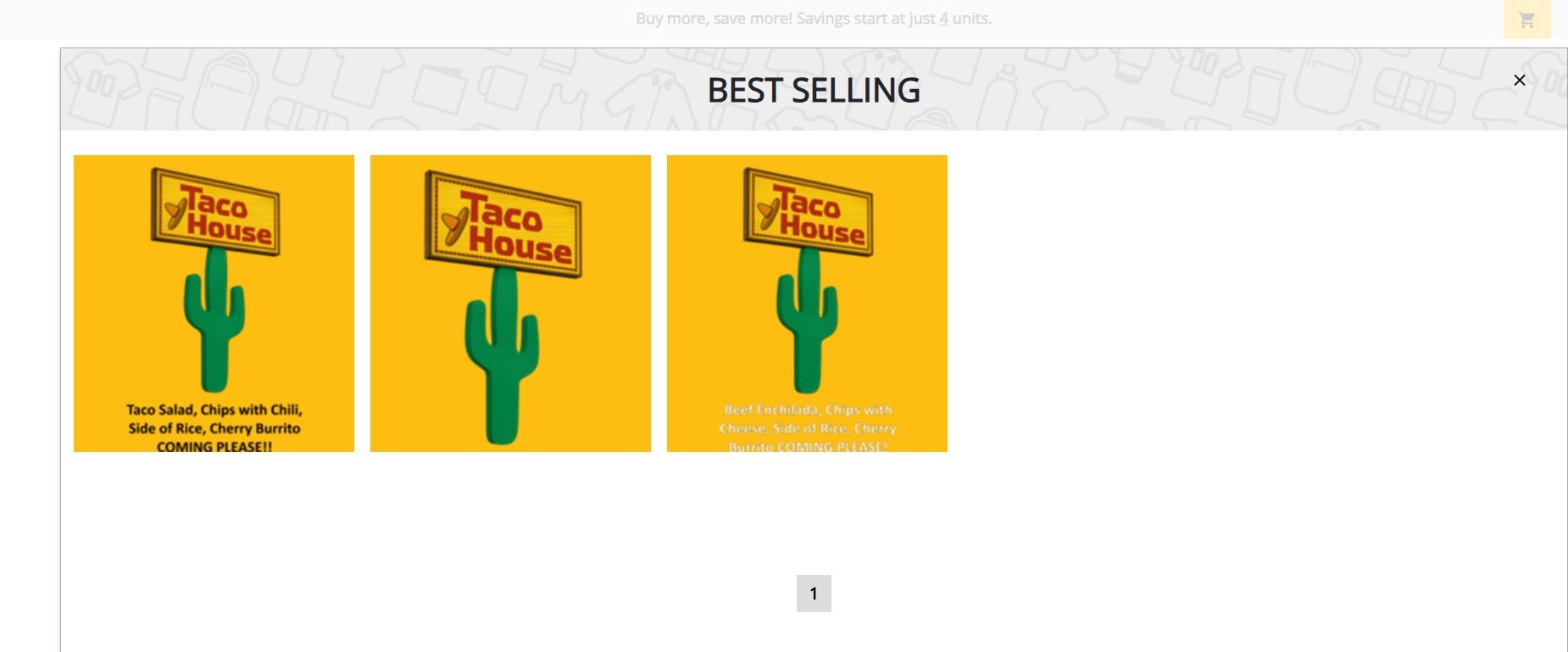 Taco House logo on yellow background with cactus, in best selling section of web page.