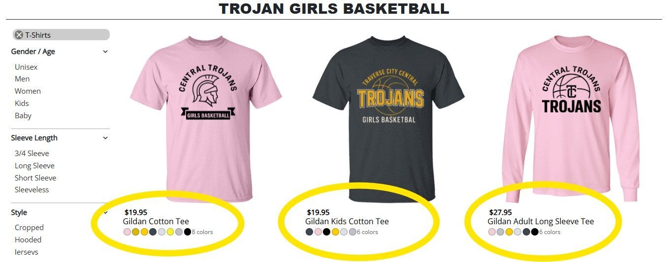 Three t-shirts for Trojan Girls Basketball: a pink short-sleeve, a black short-sleeve, and a pink long-sleeve shirt.
