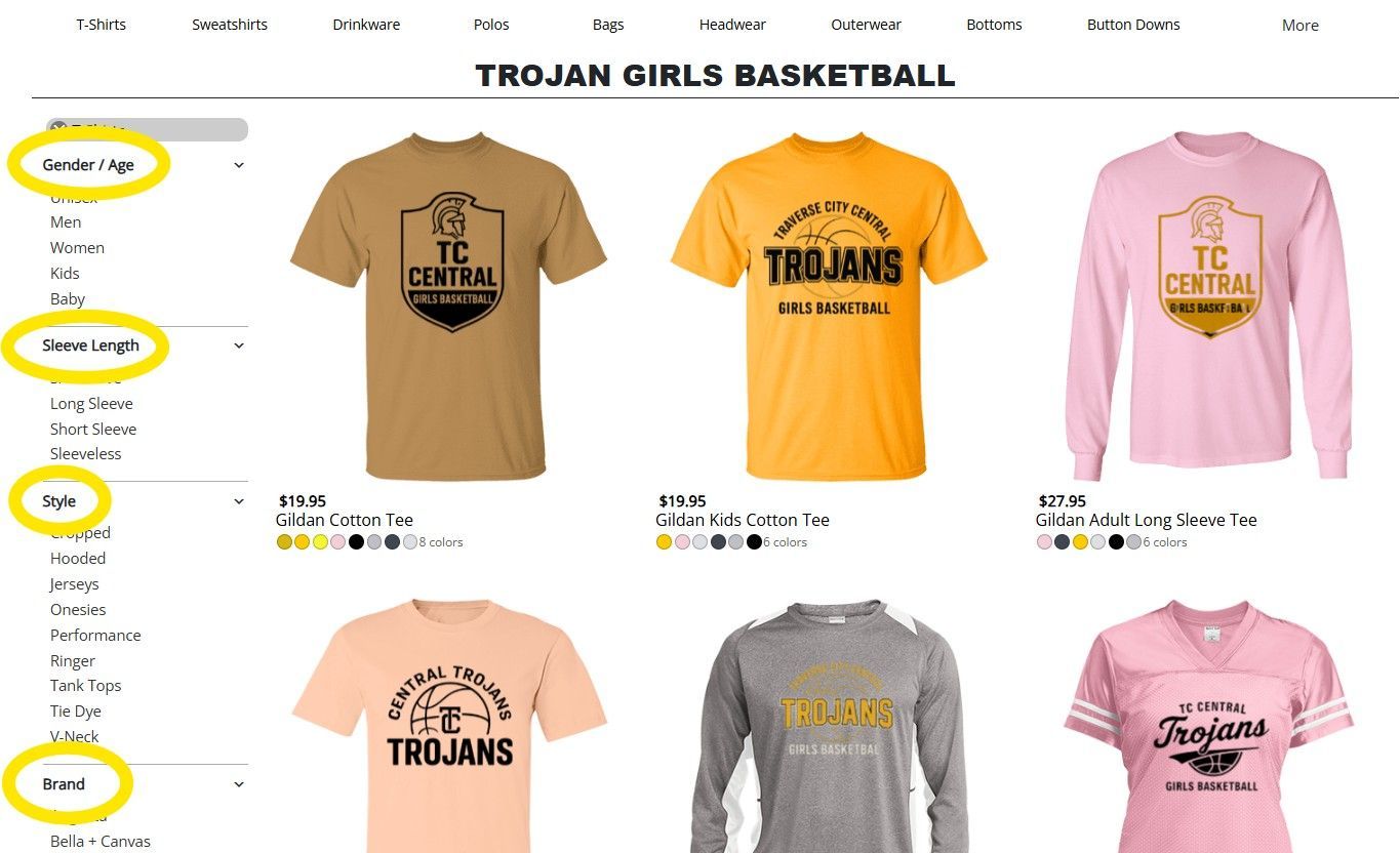 Trojan Girls Basketball apparel: t-shirts in various colors and styles, with filter options for items, sizes, and price.