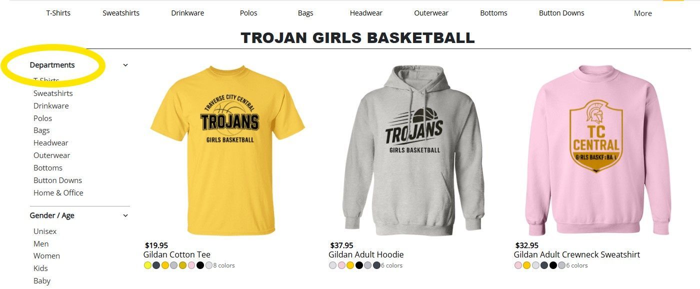 Website for Trojan Girls Basketball apparel, featuring yellow T-shirt, grey hoodie, and pink sweatshirt.