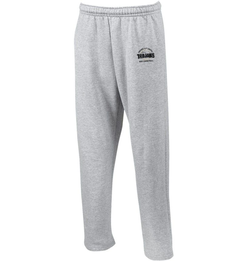 Gray sweatpants with a logo on the left leg, featuring an elastic waistband and drawstring.