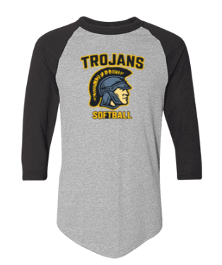 A grey raglan baseball tee with black sleeves featuring a Trojan helmet logo and the words 