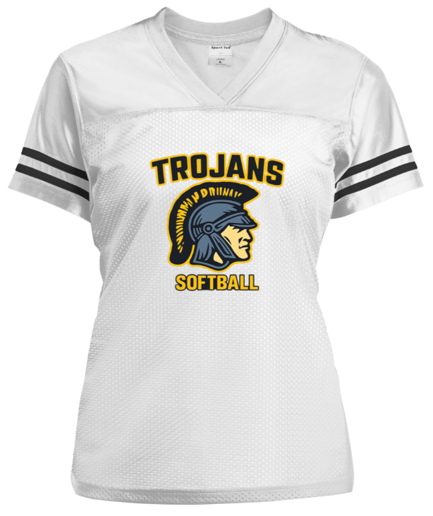 A white V-neck jersey with black striped sleeves, featuring a yellow 