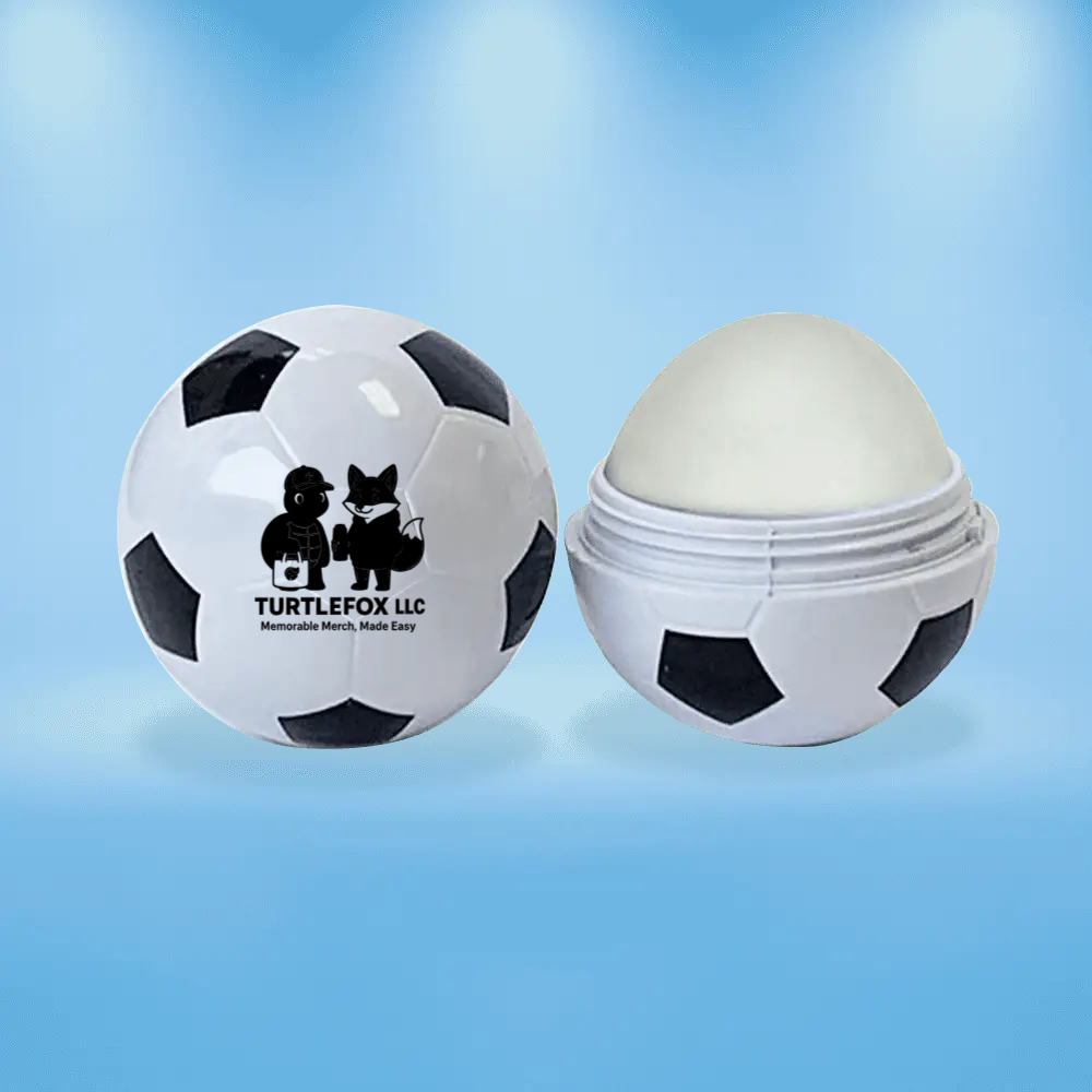 Soccer ball-shaped lip balm container, one closed, one open showing white lip balm, blue background.